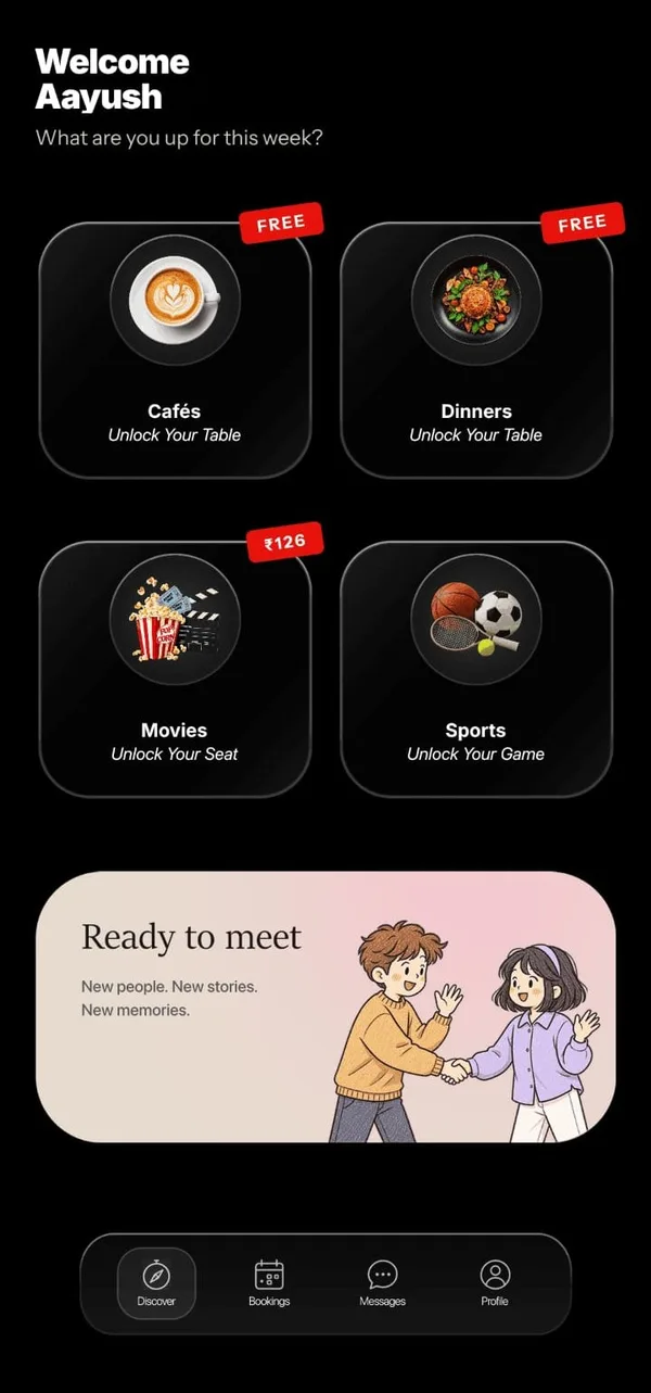 The Zen-Z app home screen: Cafés and Dinners marked free, Movies from ₹126, and Sports.